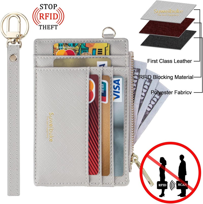 Wikavanli Women Slim Rfid Blocking Credit Card Case Holder Wristlet Zip ID Case Wallet Small Compact Leather Wallet Coin Purse with Keychain (Light Gray) - Image 4